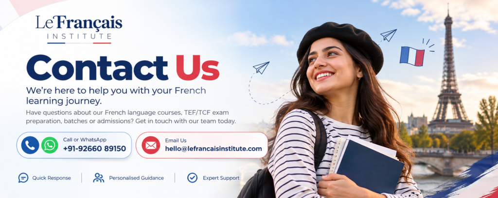 Le Français Institute contact us banner featuring a French student with the Eiffel Tower and contact details for phone, WhatsApp, and email.
